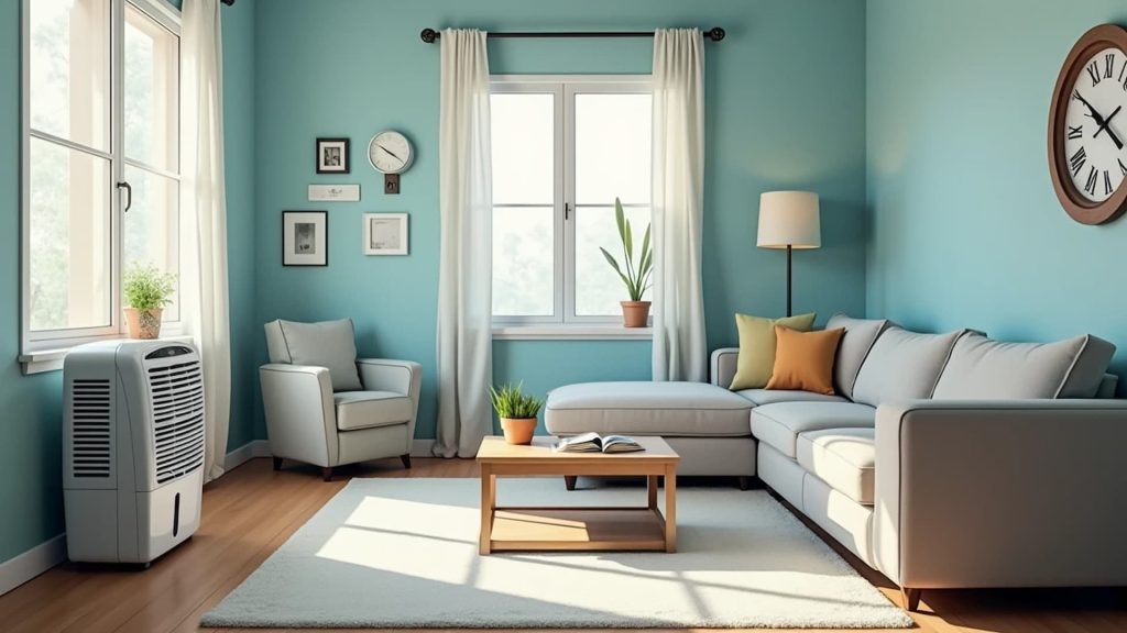 Clean living room with dehumidifier